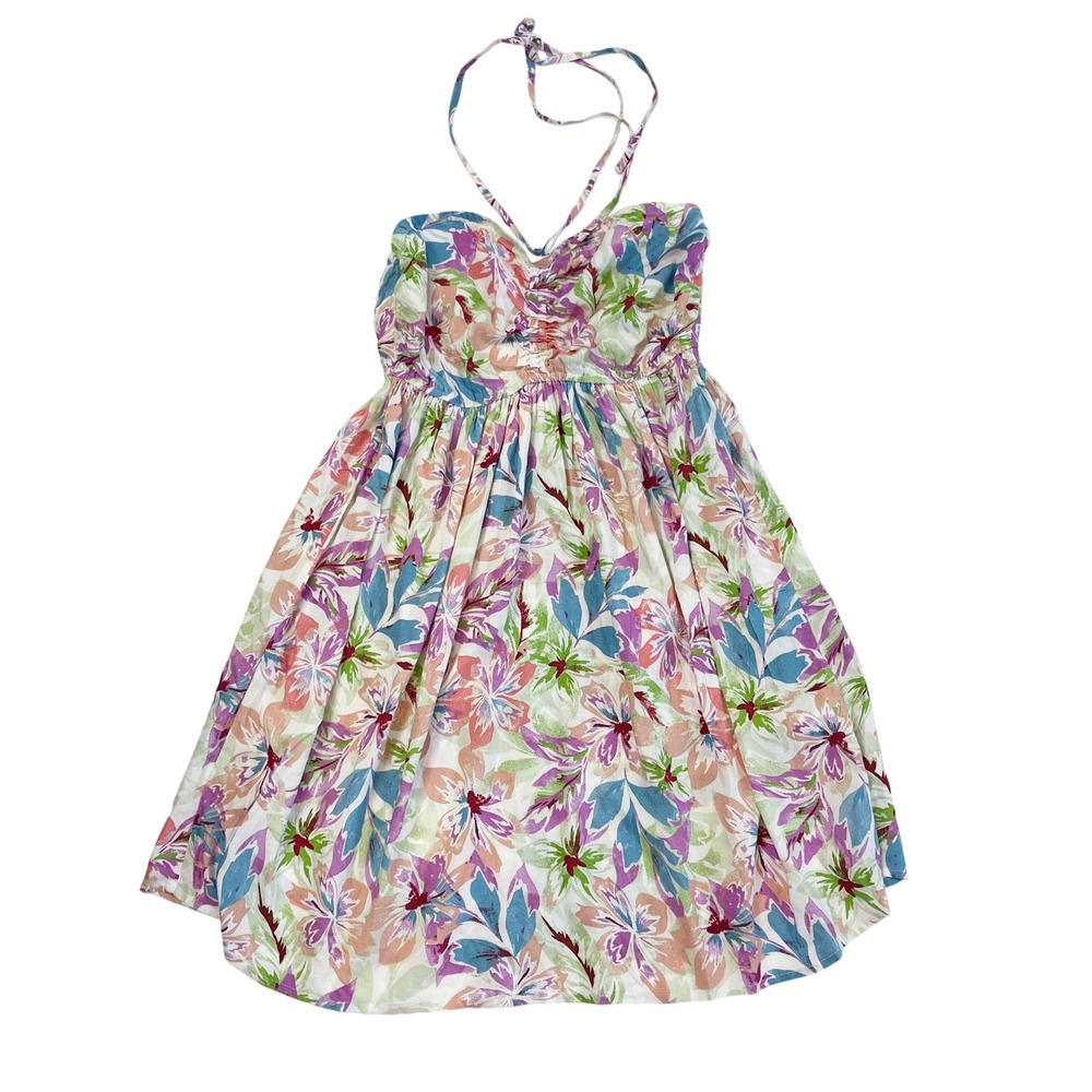 NEW Roxy Floral Halter Sundress Smocked Back Tropical Viscose Mini Dress SMALL